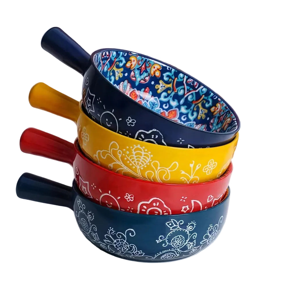 Bohemian Ceramic Hand-Painted Embossed Patterned Salad Bowl with Handle Kitchen Bakeware Microwave & Oven Safe 1 pc TEEK