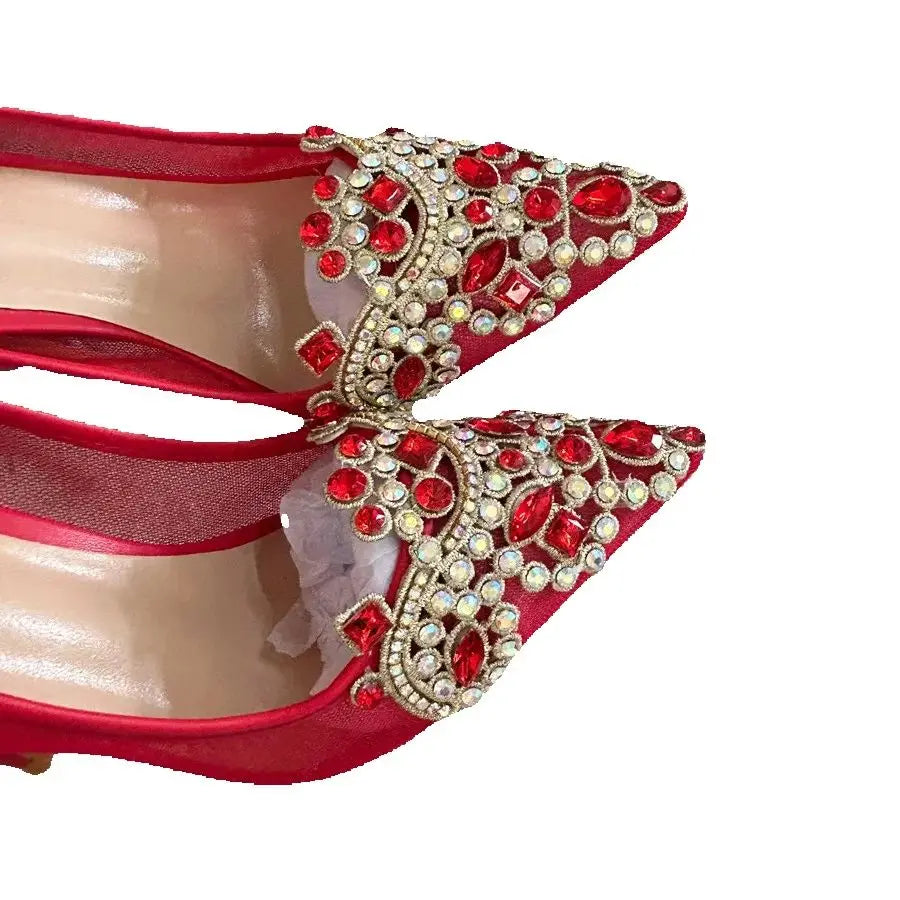 TEEK - Red Bejeweled Mesh Mentioned High Heels SHOES theteekdotcom