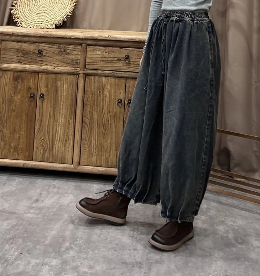 TEEK - Ethnic Elastic Waist Loose Denim Wide Leg Pants PANTS theteekdotcom   