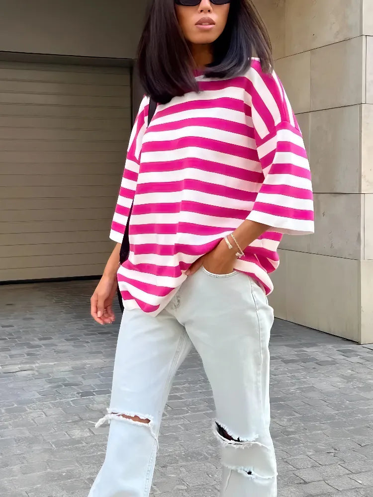 TEEK - Striped Cotton Short Sleeve Oversized T Shirt TOPS theteekdotcom RoseRed S 