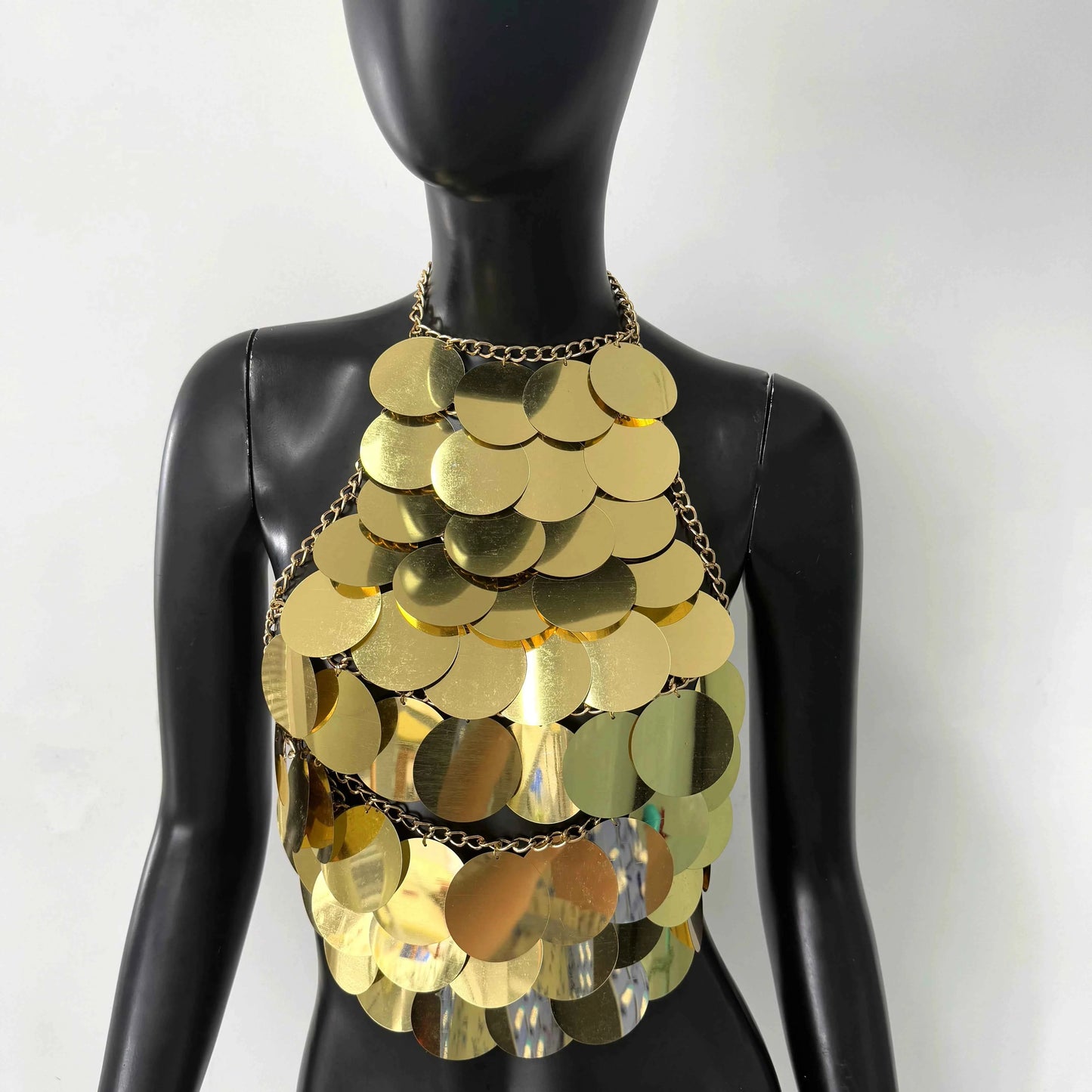 TEEK - Sequin Sleeveless Hand Stitched Gold Circular Hanging Backless Halter Top