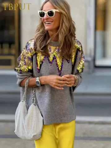 TEEK - Colorful Sequin Knitwear Tops TOPS theteekdotcom khaki S 