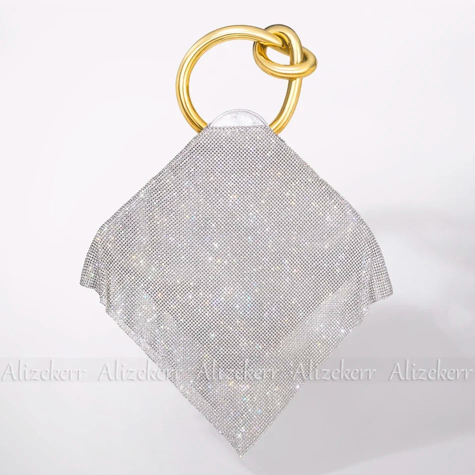 TEEK - Knotted Handle Rhinestone Evening Crystal Clutch BAG theteekdotcom Gold Handle Silver  