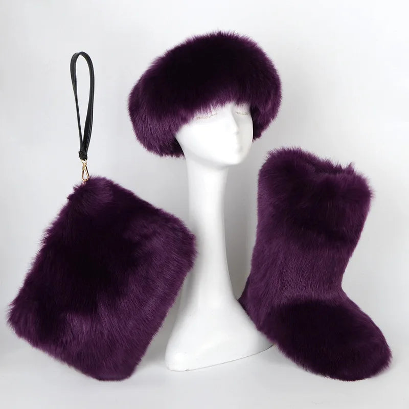 TEEK - Faux Fox Fur Snow Boots Velvet Headband Handbag Set SET theteekdotcom Wine 7.5 