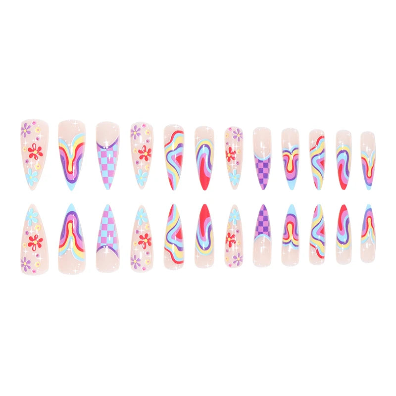 TEEK - 24 Long Pointed Rainbow Flower Press-On Nails NAIL ART theteekdotcom   