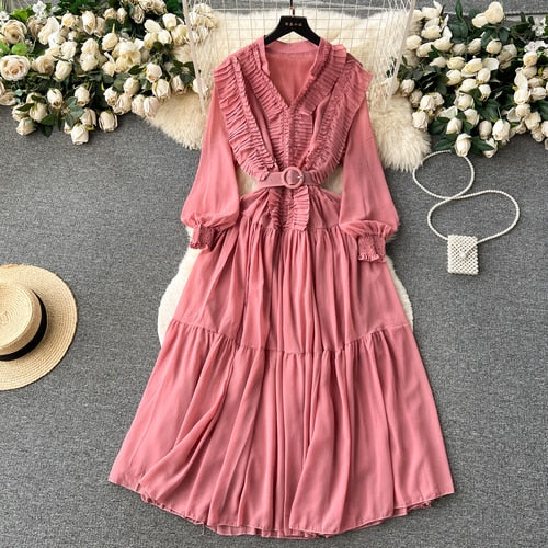 TEEK - Ruffle Vintage Lantern Sleeve Dress DRESS theteekdotcom Pink One Size 