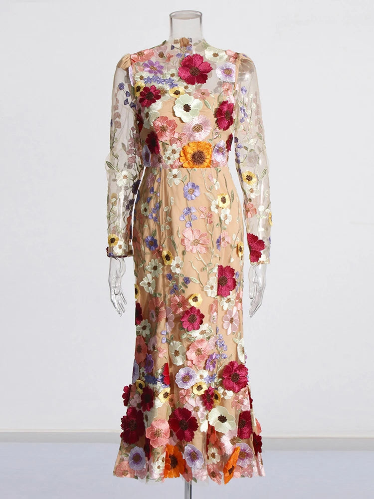 TEEK - Colorblock Floral Appliques Midi Dress DRESS theteekdotcom APRICOT S 