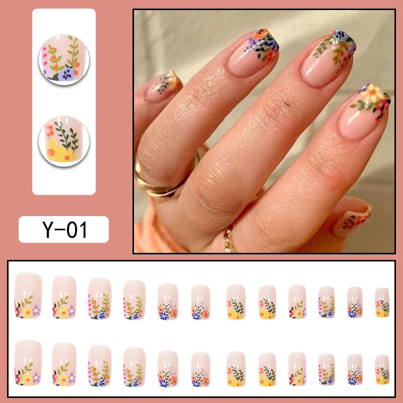 TEEK - 24pc Mid Coffin Color Jump Flower Fake Nails NAIL ART theteekdotcom   