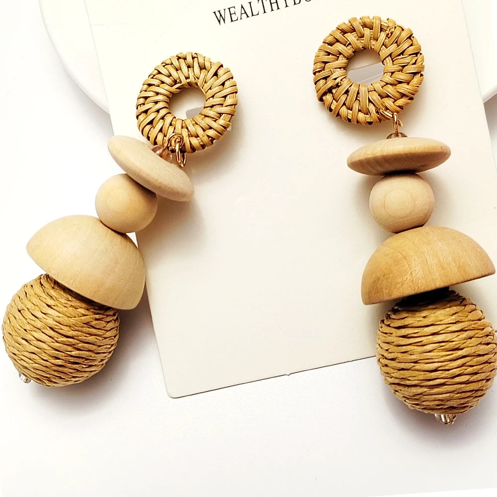 TEEK - Korea Handmade Wooden Straw Dangle Earrings JEWELRY theteekdotcom