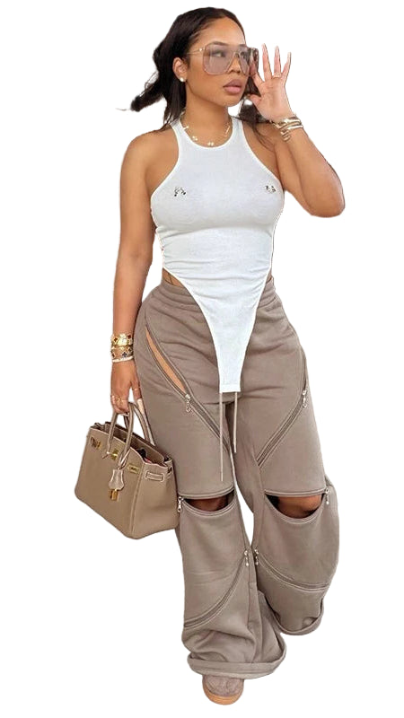 TEEK - Zip Patchwork Wide-Leg Trousers PANTS theteekdotcom Khaki S