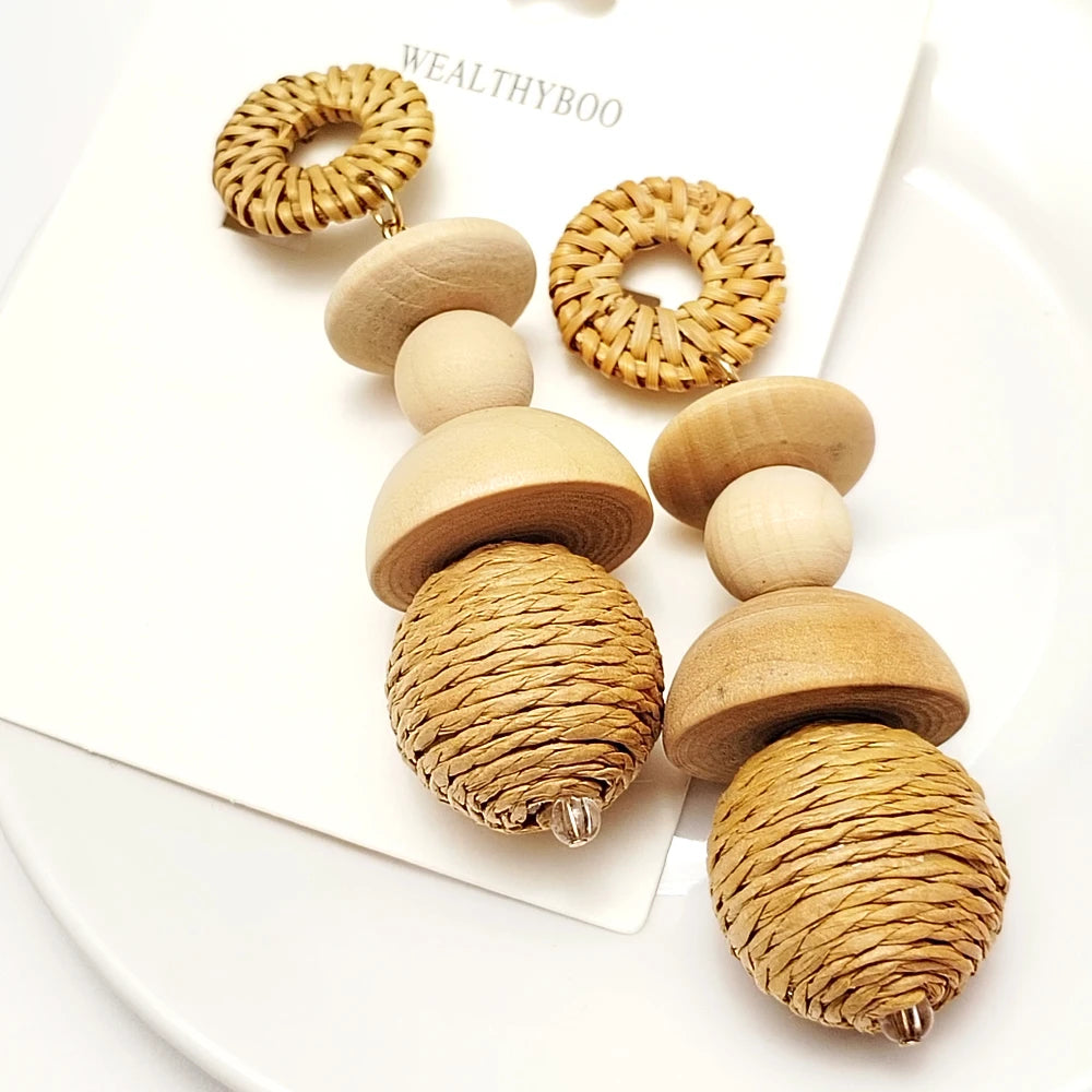 TEEK - Korea Handmade Wooden Straw Dangle Earrings JEWELRY theteekdotcom