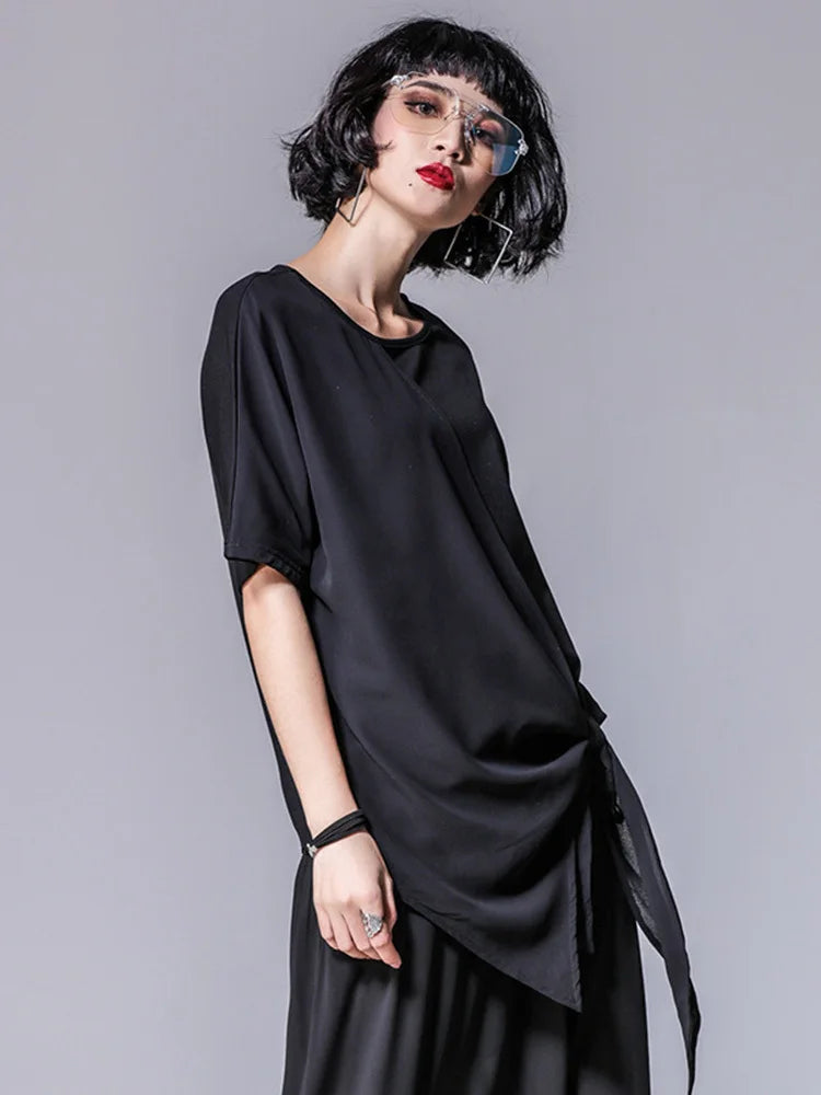 TEEK - Black Asymmetric Pleated Knit Shirt TOPS theteekdotcom   