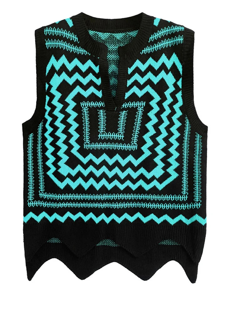 TEEK - Patterned Knitted V-Neck Sleeveless Sweater TOPS theteekdotcom green One Size 