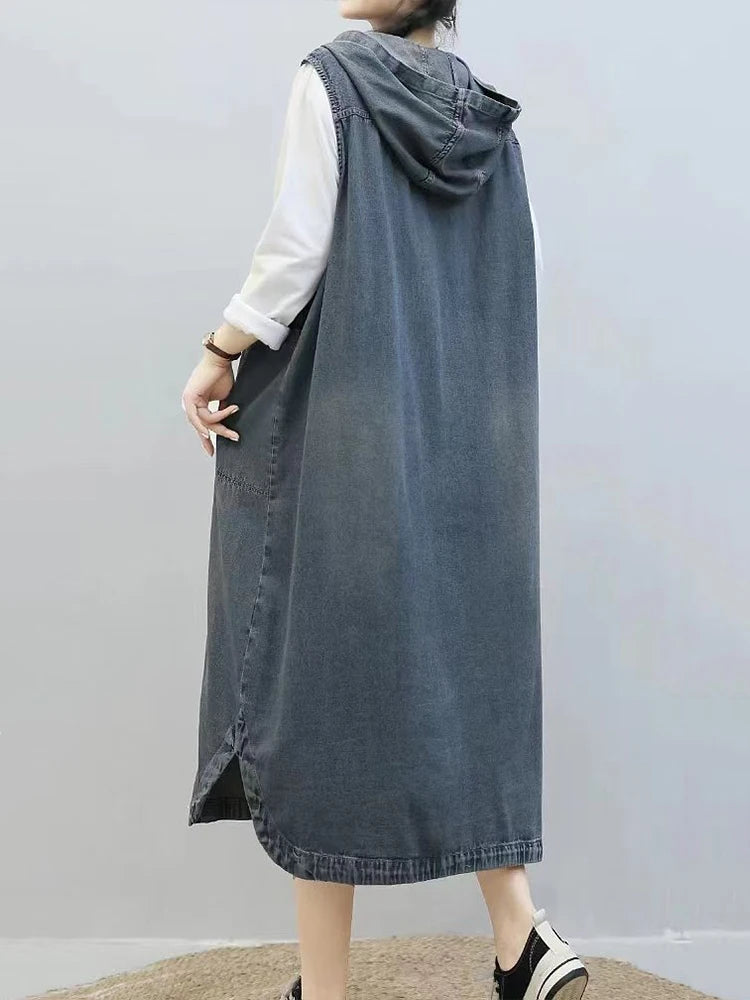 TEEK - Long Sleeveless Hooded Denim Vest Coat COAT theteekdotcom   