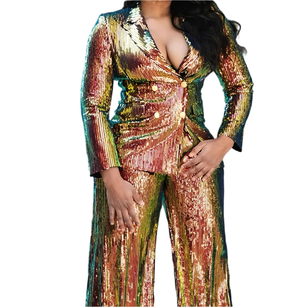 TEEK - Plus Size Gold Sequin Long Sleeve Wide Leg 2 Piece Pant Set SET theteekdotcom   