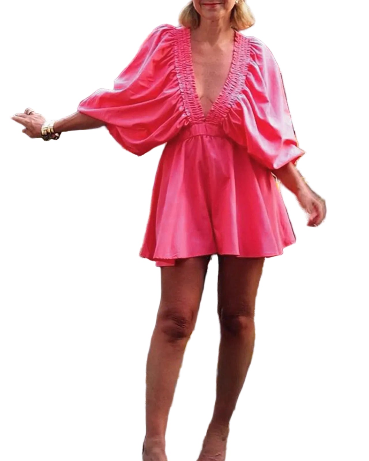 Women's Deep V Neck Loose Jumpsuit Solid Color/Plaid Puff Sleeve Summer Short Jumpsuit Jumpsuit Streetwear TEEK