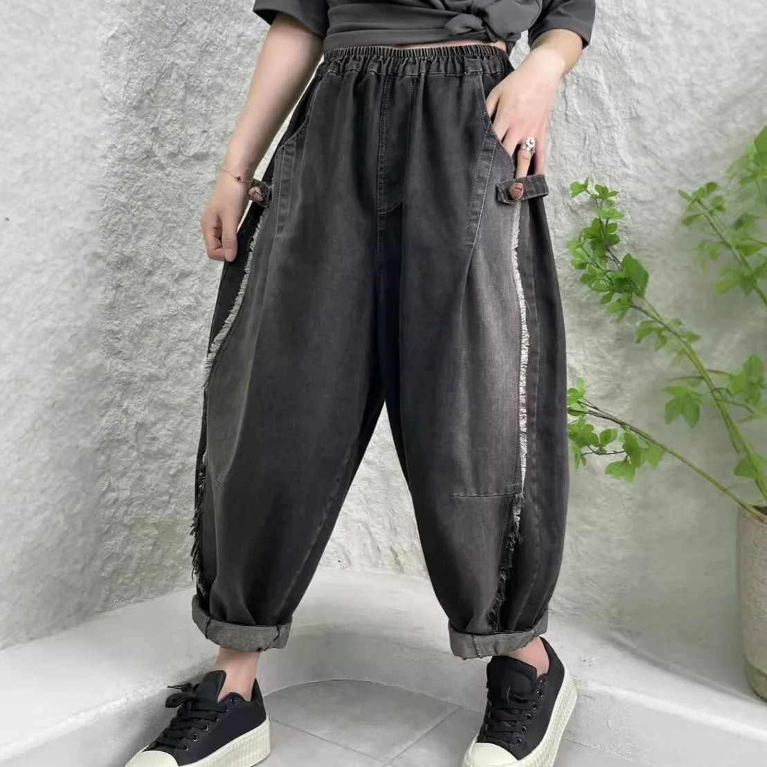 TEEK - Black Distressed Patchwork Pocketed Womens Harem Pants PANTS theteekdotcom   