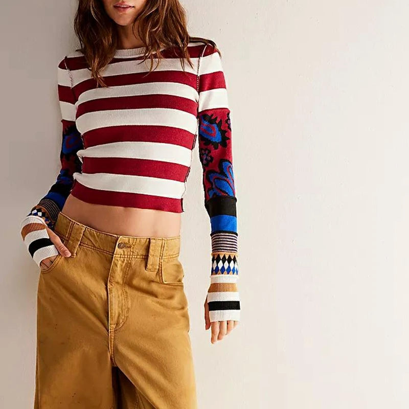 TEEK - Striped Print Contrast Pullover Long Sleeve Slim Cropped Sweater