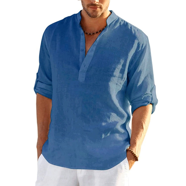 TEEK - Linen Long Sleeve Solid Loose Shirt TOPS theteekdotcom denim blue US XXS | Label S 