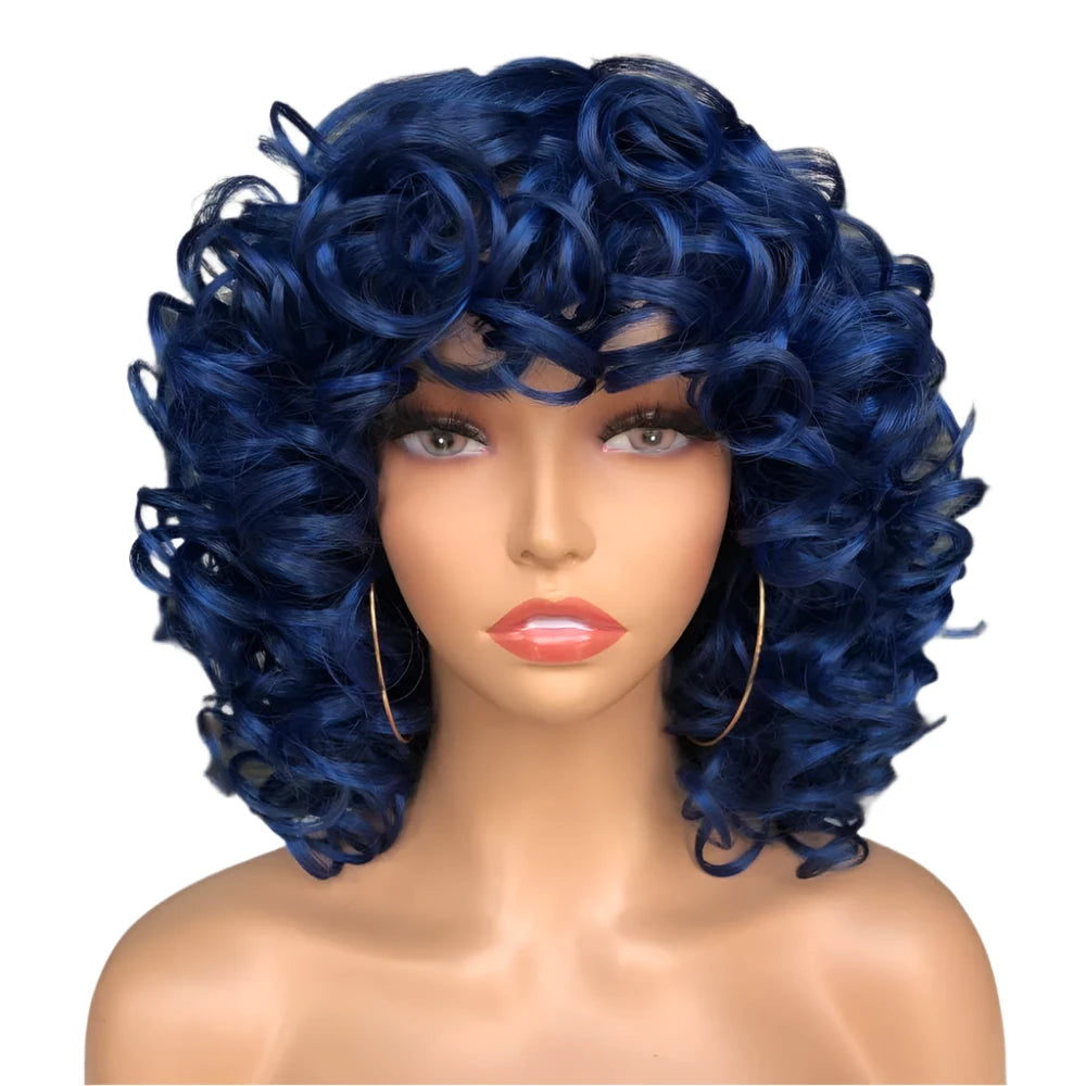 TEEK - Fluffy Short Hair Afro Bangs CurlyWig HAIR theteekdotcom M1B-BLUE 14inches 