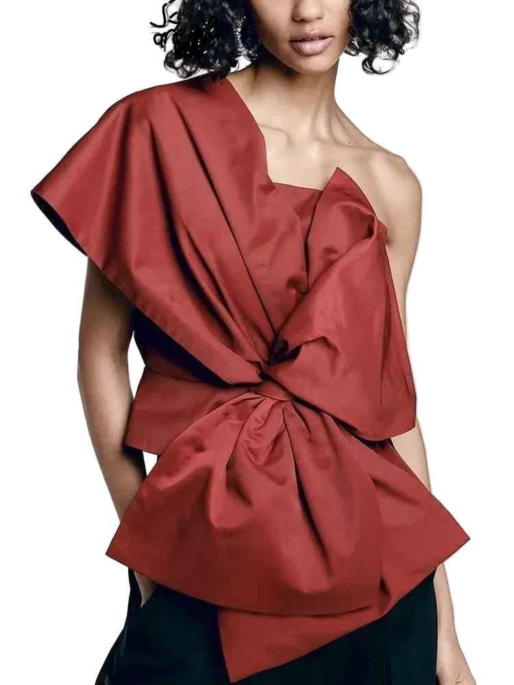 TEEK - Solid Diagonal Collar Sleeveless Bowknot Top TOPS theteekdotcom