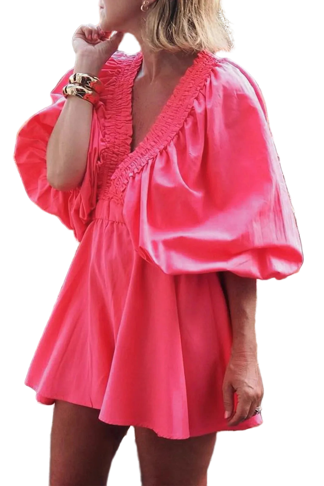 Women's Deep V Neck Loose Jumpsuit Solid Color/Plaid Puff Sleeve Summer Short Jumpsuit Jumpsuit Streetwear TEEK