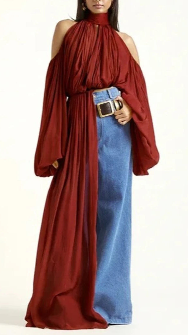 TEEK - Off The Single Shoulder vTurtleneck Ruched Oversized Sleeve Blouse TOPS theteekdotcom RED S