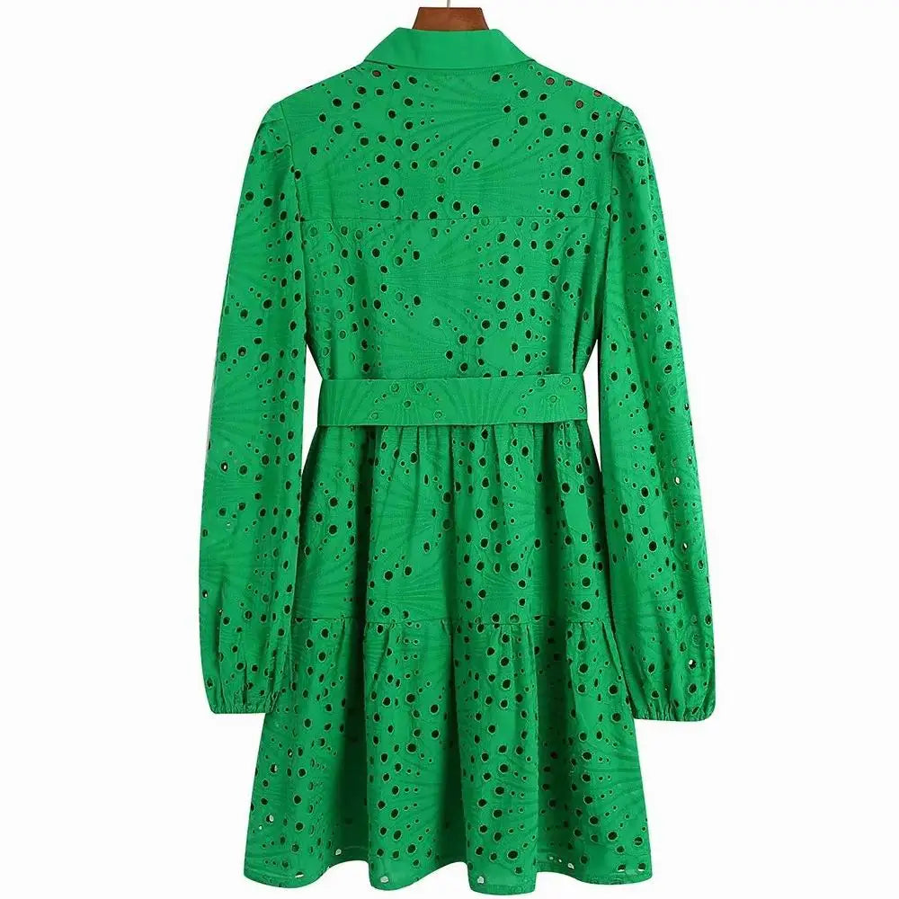 TEEK - Embroidered Lace Green Belted Above Knee Dress DRESS theteekdotcom   