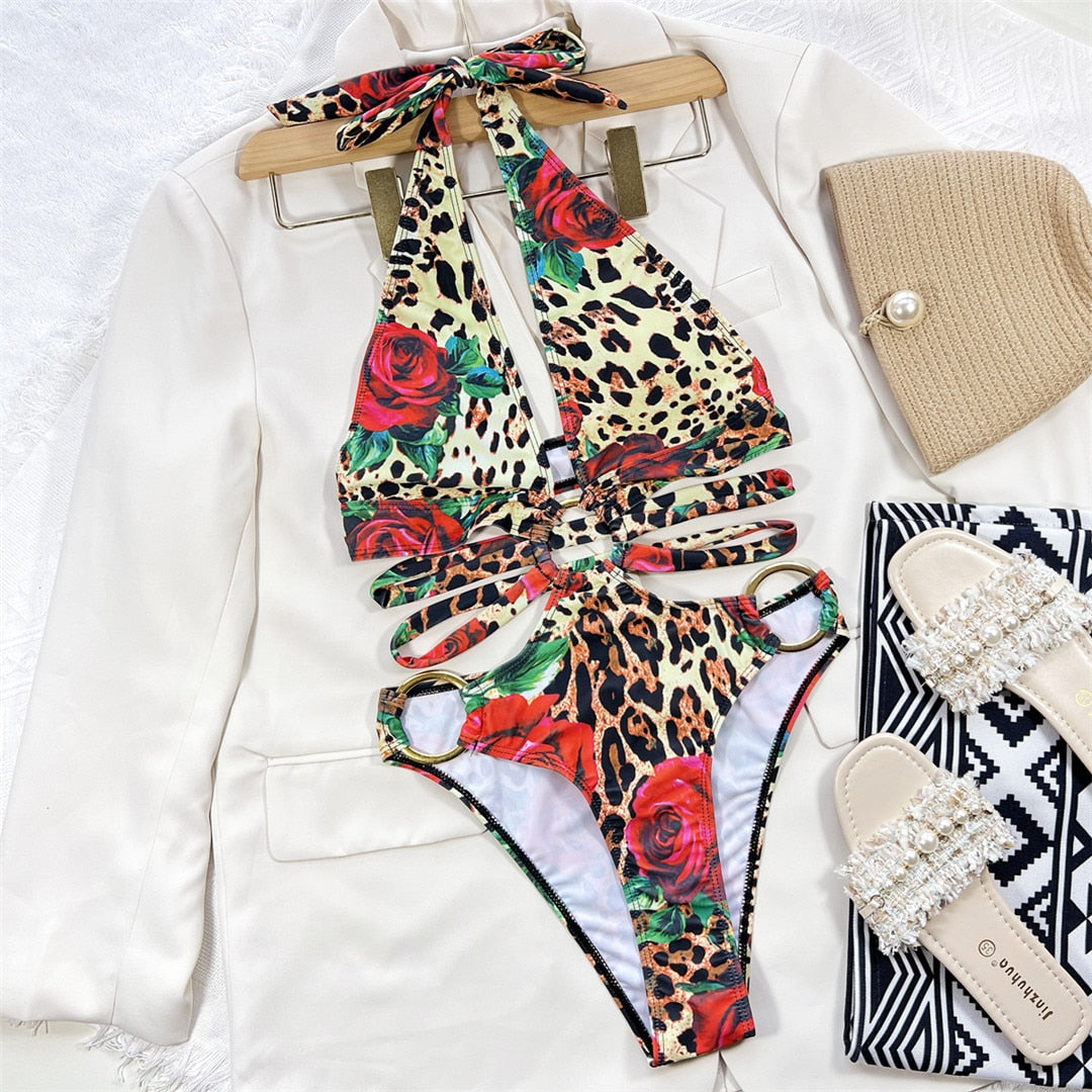 TEEK - Leopard Floral Metal Ring Swimsuit SWIMWEAR theteekdotcom S  
