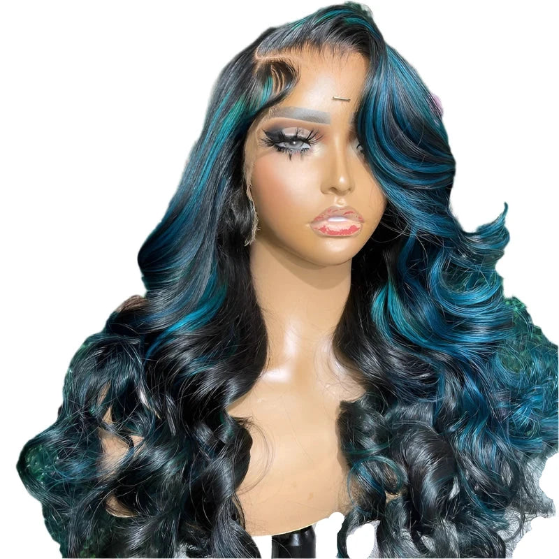 TEEK - Blue Ombre Brazilian Body Wave Lace Front Wig HAIR theteekdotcom Blue Highlight 16inches 13x4 Glueless Wig 150