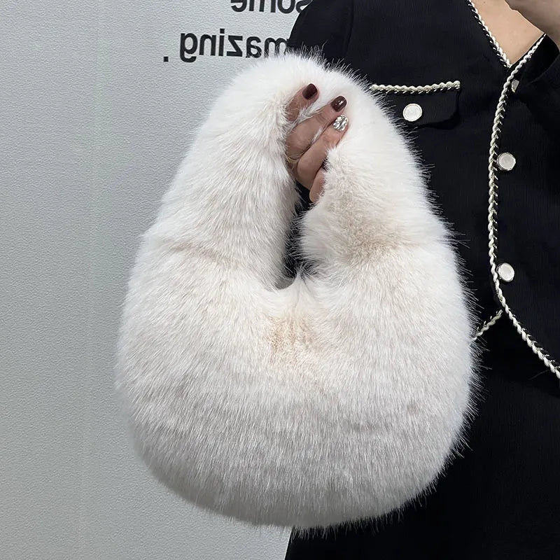 TEEK - Soft Plush Fluff Half Moon Handbag BAG theteekdotcom Beige  