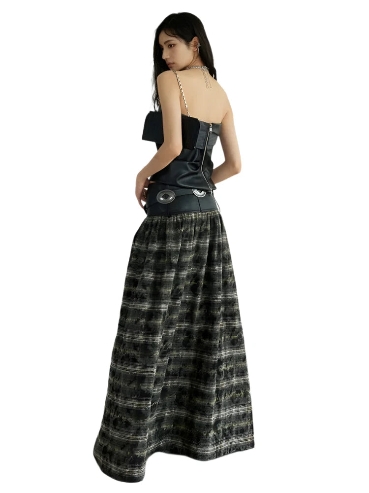 TEEK - Black Leathery Accent Plaid Long Skirt SKIRT theteekdotcom   