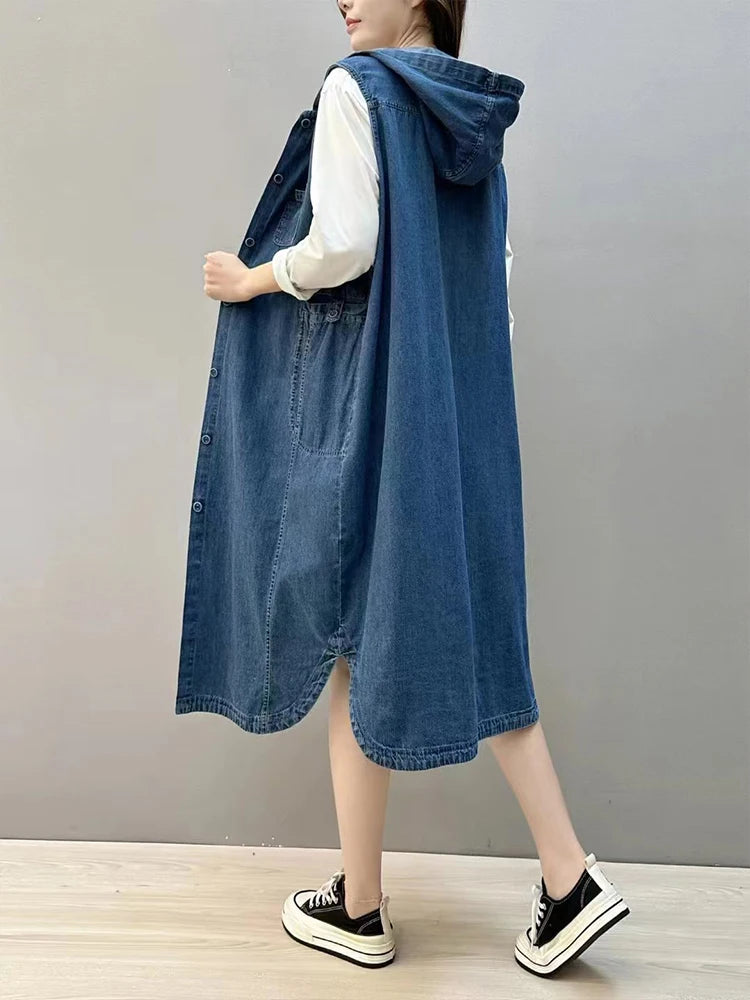 TEEK - Long Sleeveless Hooded Denim Vest Coat COAT theteekdotcom   