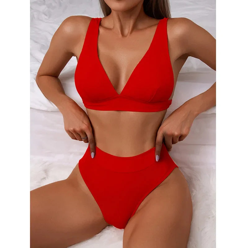 TEEK - High Waist Plunging High Cut Bikini SWIMWEAR theteekdotcom Red-B7754 S 
