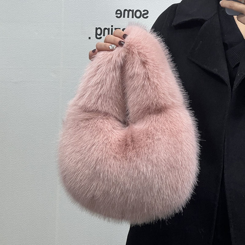 TEEK - Soft Plush Fluff Half Moon Handbag BAG theteekdotcom Pink  
