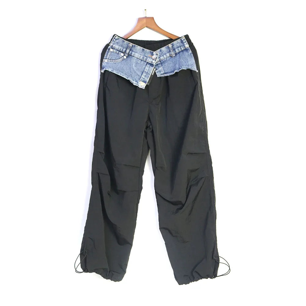 TEEK - Denim Pocket Patchwork Wide Leg Cargo Pants PANTS theteekdotcom Black One Size 