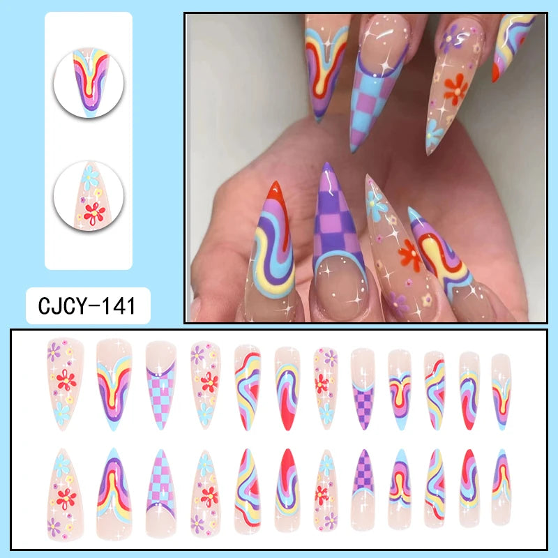 TEEK - 24 Long Pointed Rainbow Flower Press-On Nails NAIL ART theteekdotcom   