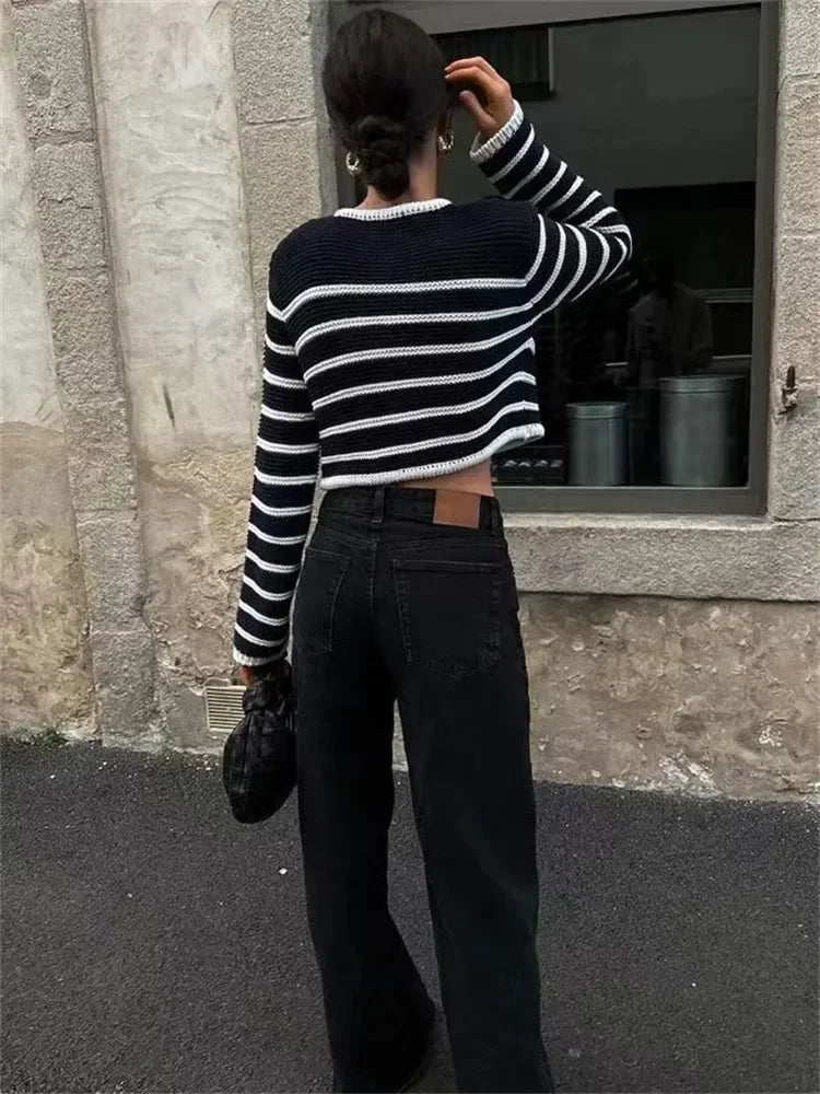 TEEK - Striped Long Sleeve Cropped Contrast Casual Sweater TOPS theteekdotcom   