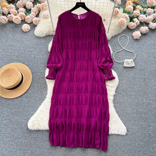 TEEK - Vintage Draped Puff Sleeve Dress DRESS theteekdotcom Purple One Size 