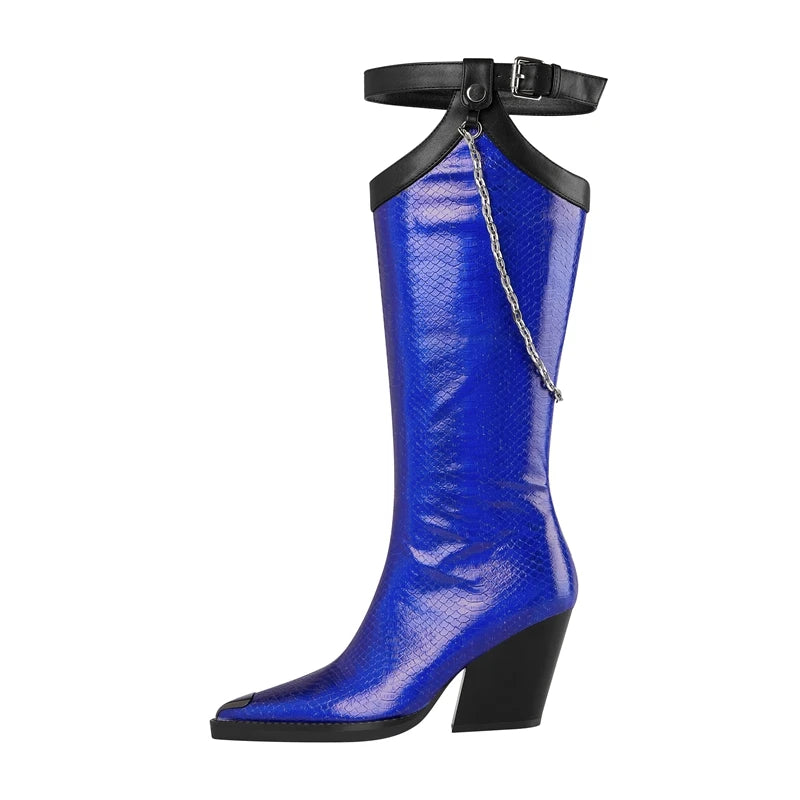 TEEK - Pointed Thick High Heel Chain Buckle Knee High Barrel Boots SHOES theteekdotcom Blue 5.5