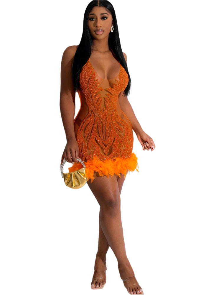 TEEK - Mesh Sequin Feather Glam Dress DRESS theteekdotcom Orange S