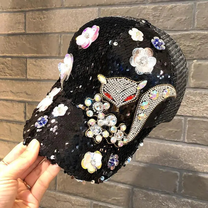 TEEK - Diamond Sequin Fox Baseball Cap HAT theteekdotcom black 2 56-58cm/22-22.8in 