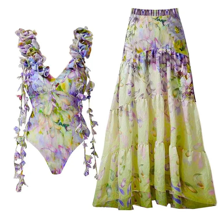 TEEK - Flowers One Piece Swimsuit and Skirt Women