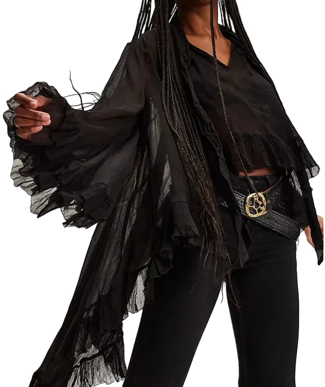 Women Chic Irregular Ruffled Hem Cape Top Bow Tied Neck Shirts Solid Color See Through Loose Fit Long Sleeve Blouses TEEK C L