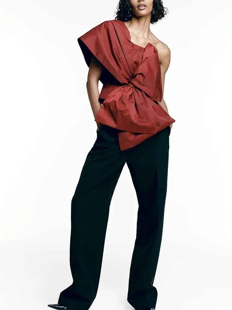 TEEK - Solid Diagonal Collar Sleeveless Bowknot Top TOPS theteekdotcom