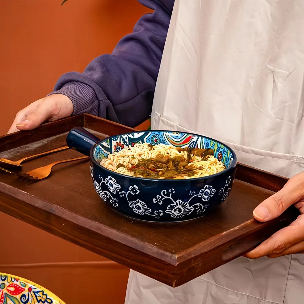 Bohemian Ceramic Hand-Painted Embossed Patterned Salad Bowl with Handle Kitchen Bakeware Microwave & Oven Safe 1 pc TEEK