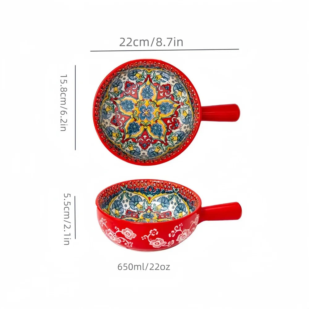 Bohemian Ceramic Hand-Painted Embossed Patterned Salad Bowl with Handle Kitchen Bakeware Microwave & Oven Safe 1 pc TEEK Red 6.2