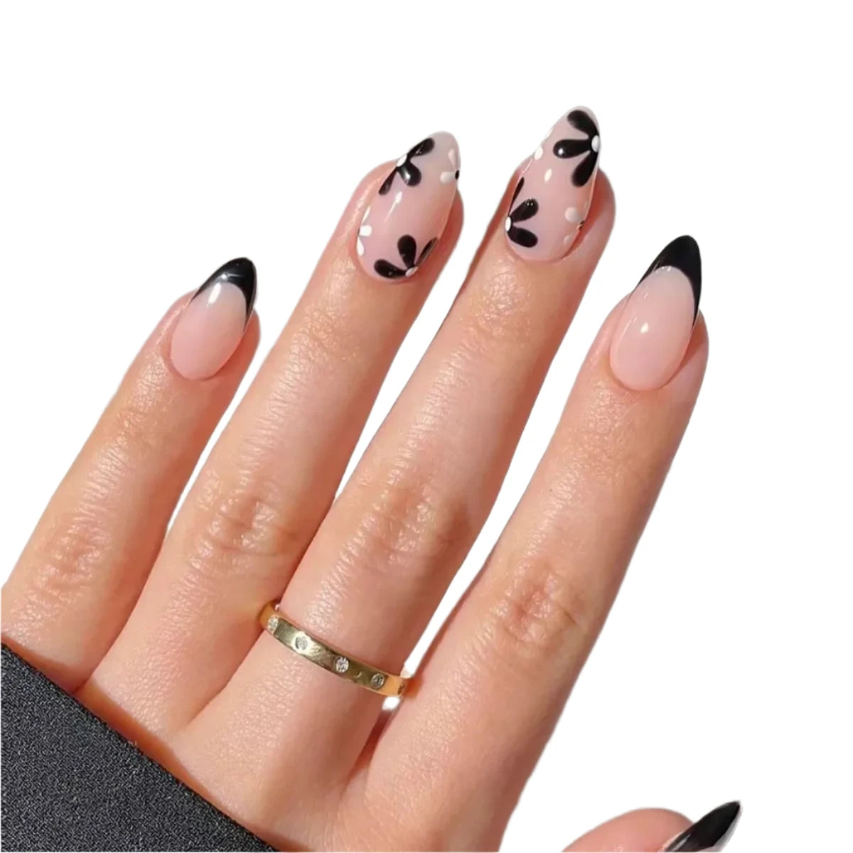 TEEK - 24 Long Almond Black French Petal False Nails NAIL ART theteekdotcom   