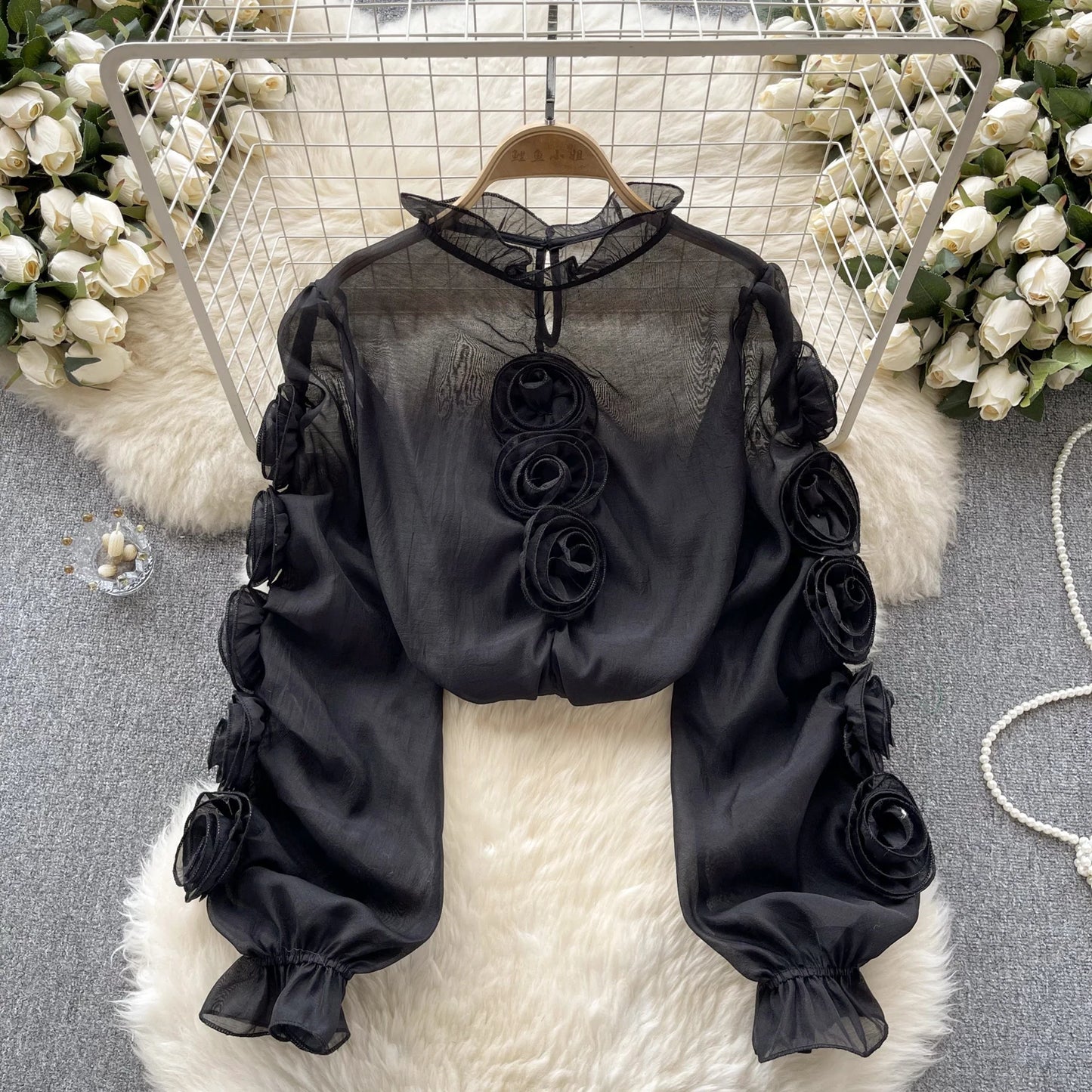 TEEK - 3D Floral Sheer Blouse TOPS theteekdotcom black One Size 
