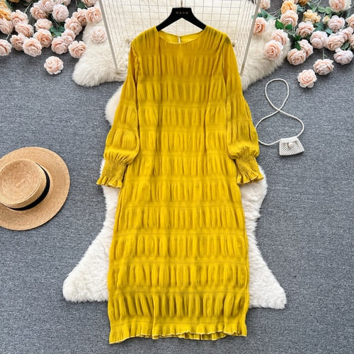 TEEK - Vintage Draped Puff Sleeve Dress DRESS theteekdotcom Yellow One Size 